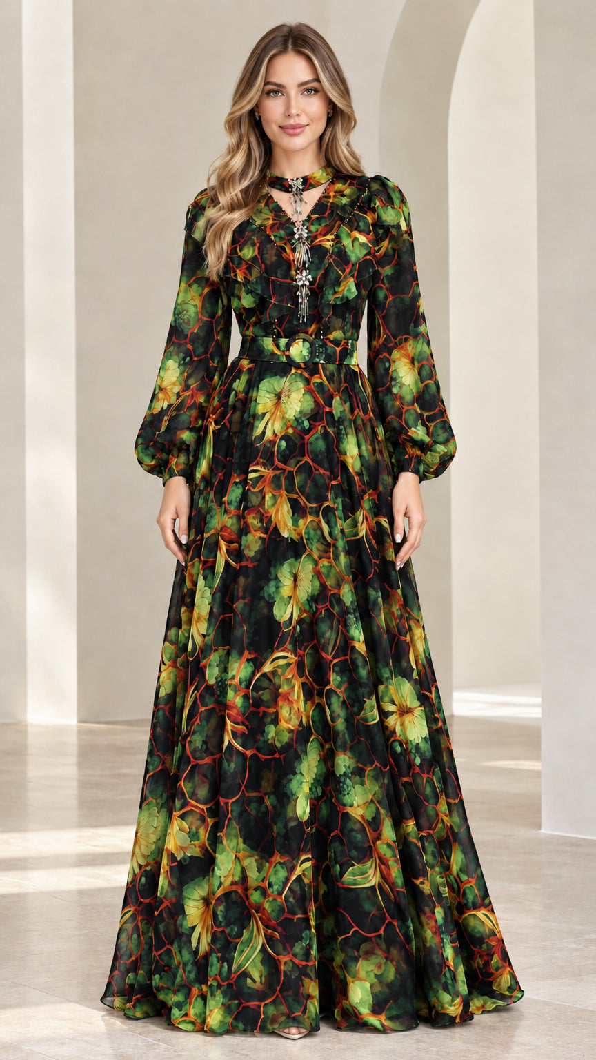 Front view of model wearing Black floral chiffon long sleeve maxi dress