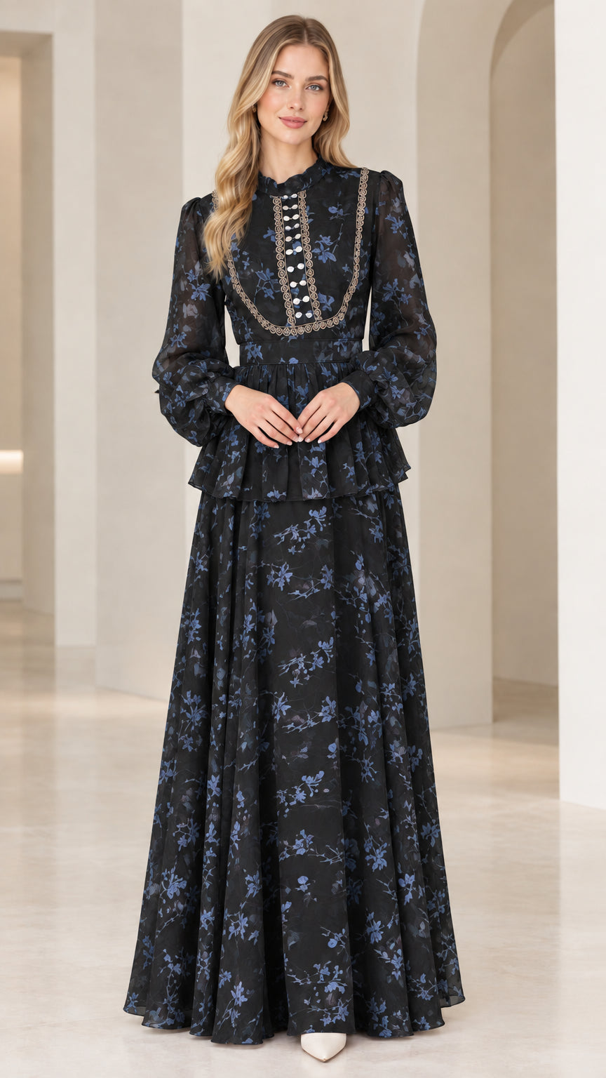 Black floral long sleeve peplum maxi evening dress