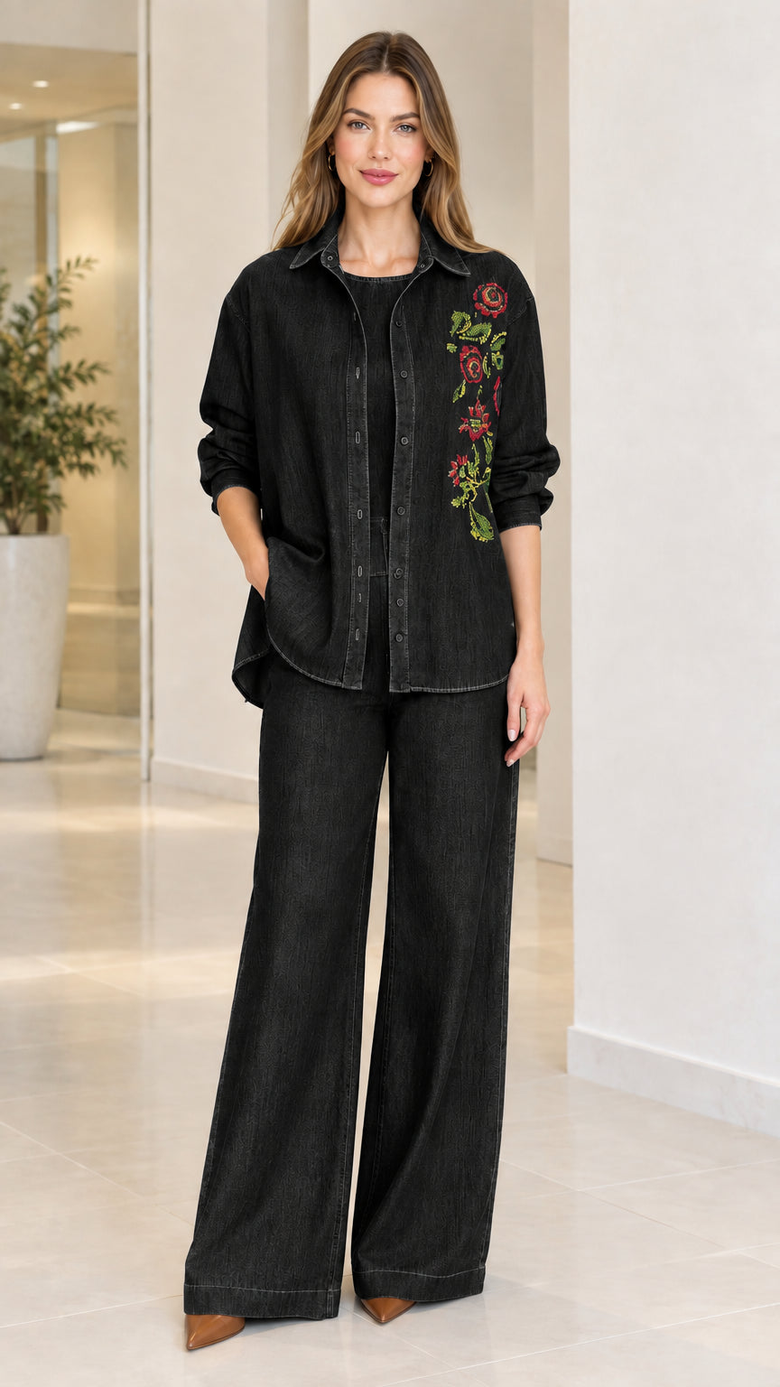 Black floral embroidered long sleeve shirt and wide-leg pants set