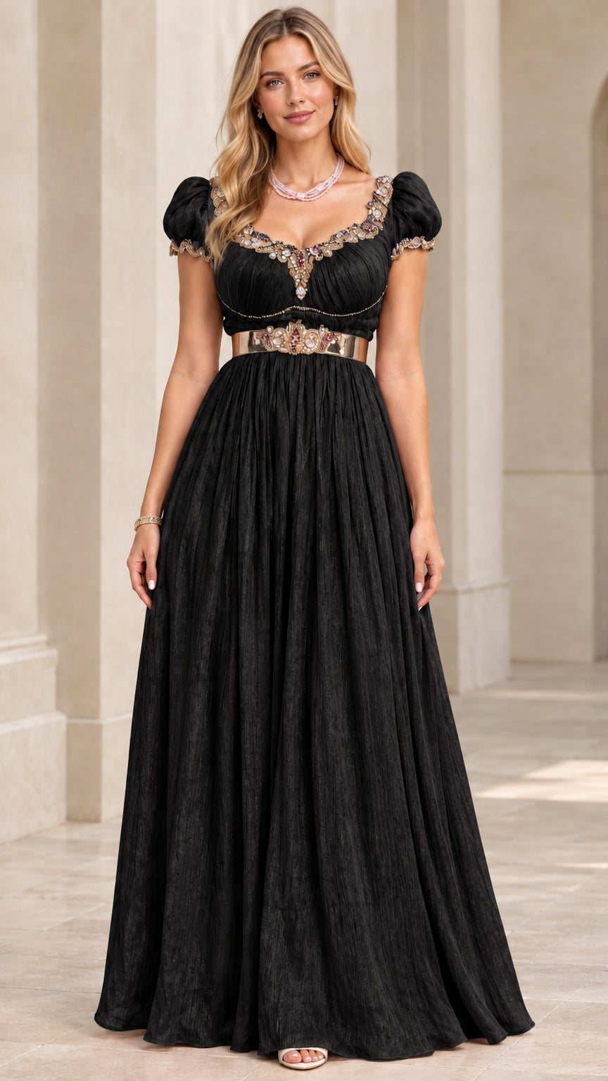 Black embellished empire waist formal maxi gown with short puff sleeves
