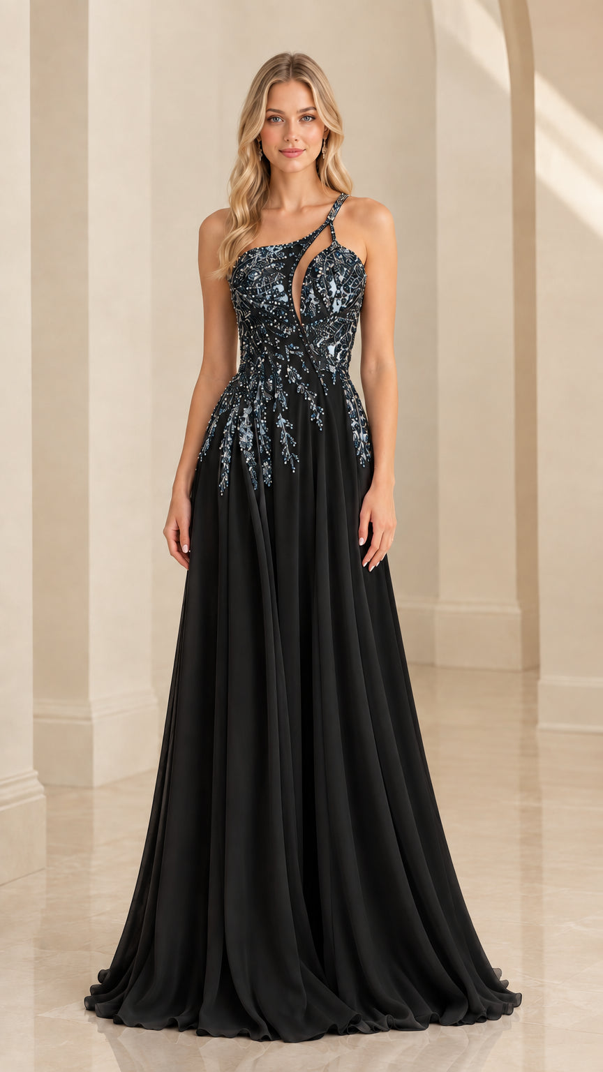 Classic black one-shoulder beaded chiffon evening gown front view