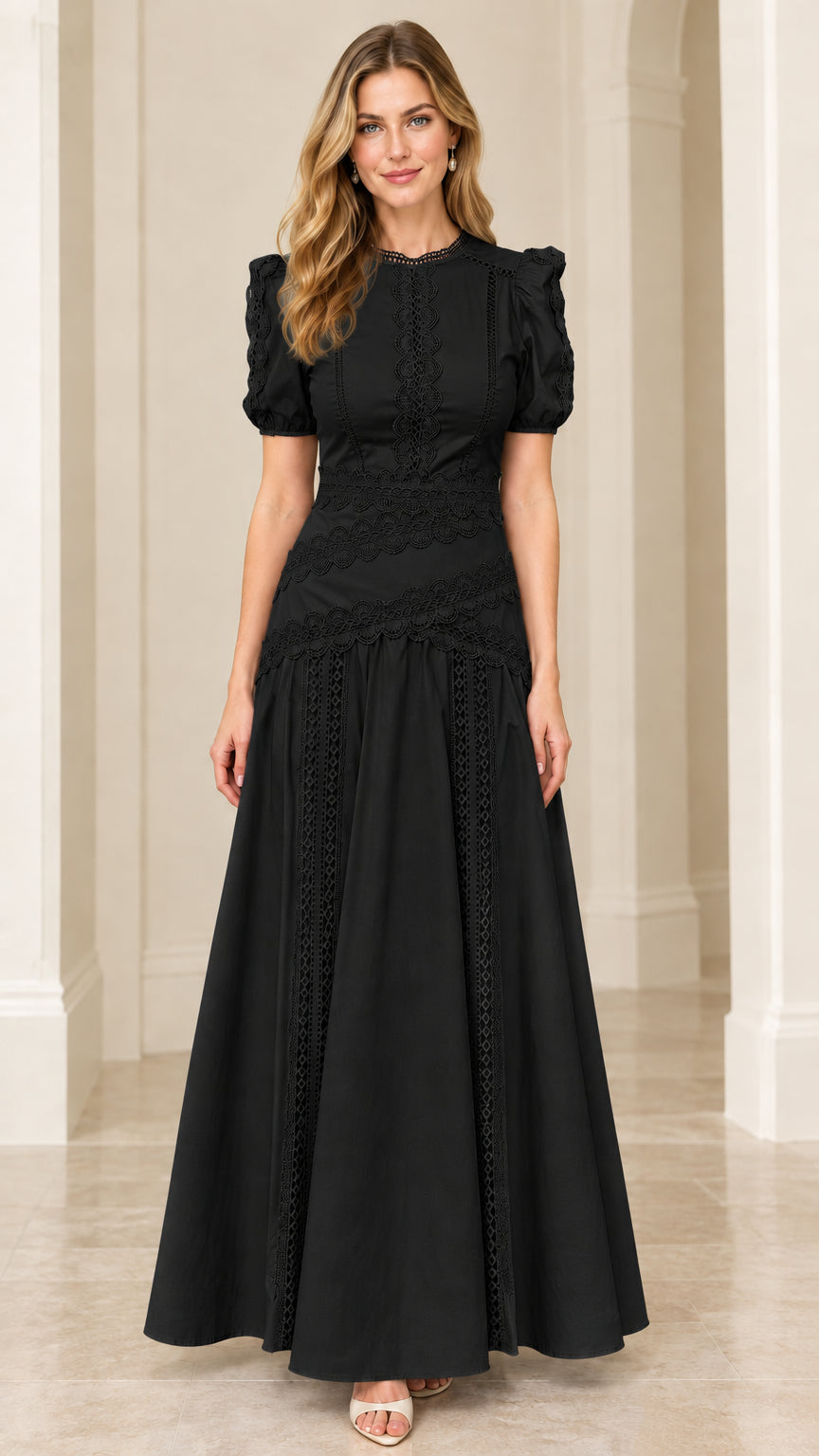Model wearing Black puff sleeve lace-trim formal maxi dress