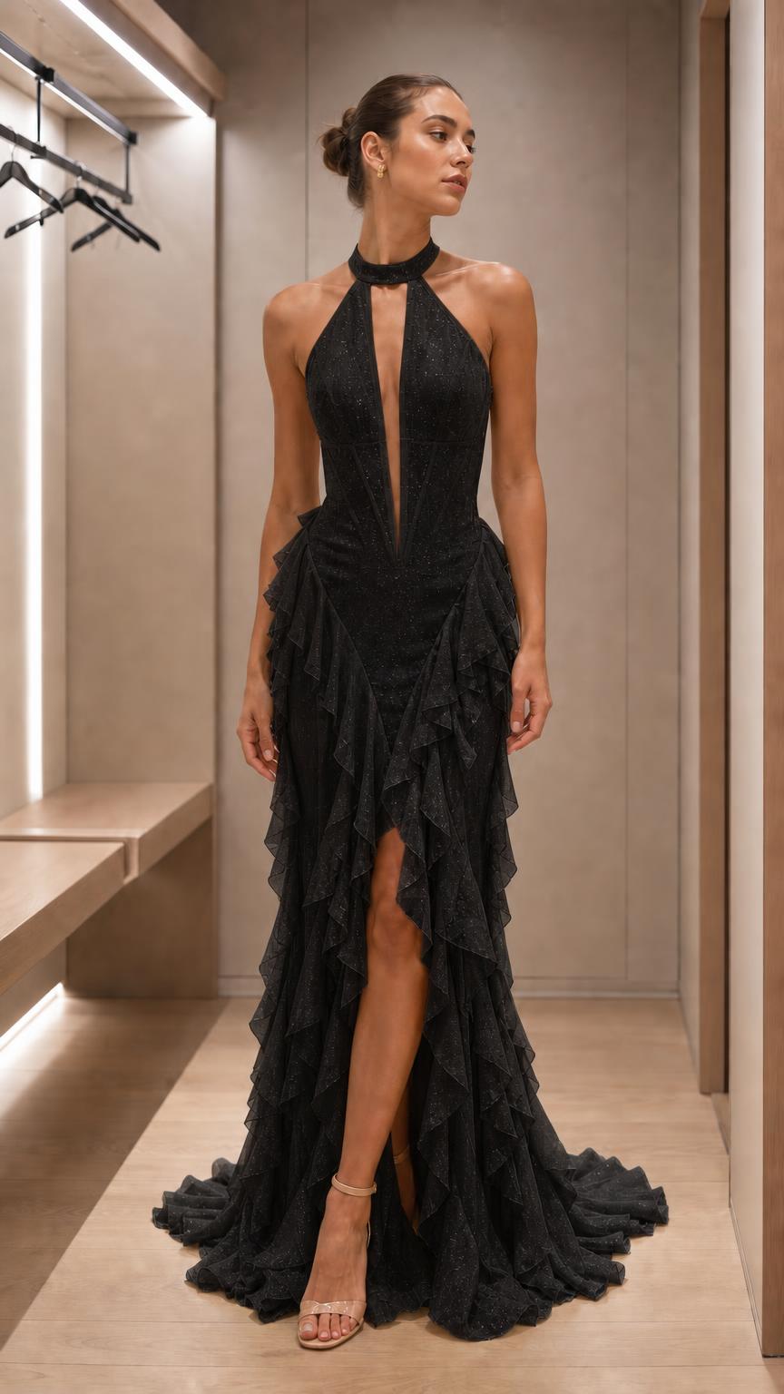 Front view of black halter neck evening dress