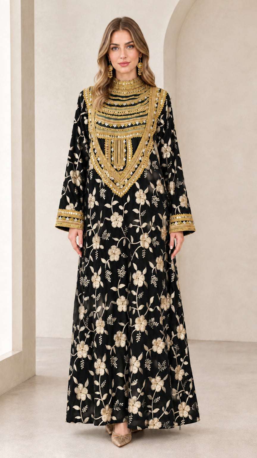 Front full view of black floral embroidered kaftan maxi dress with gold neckline