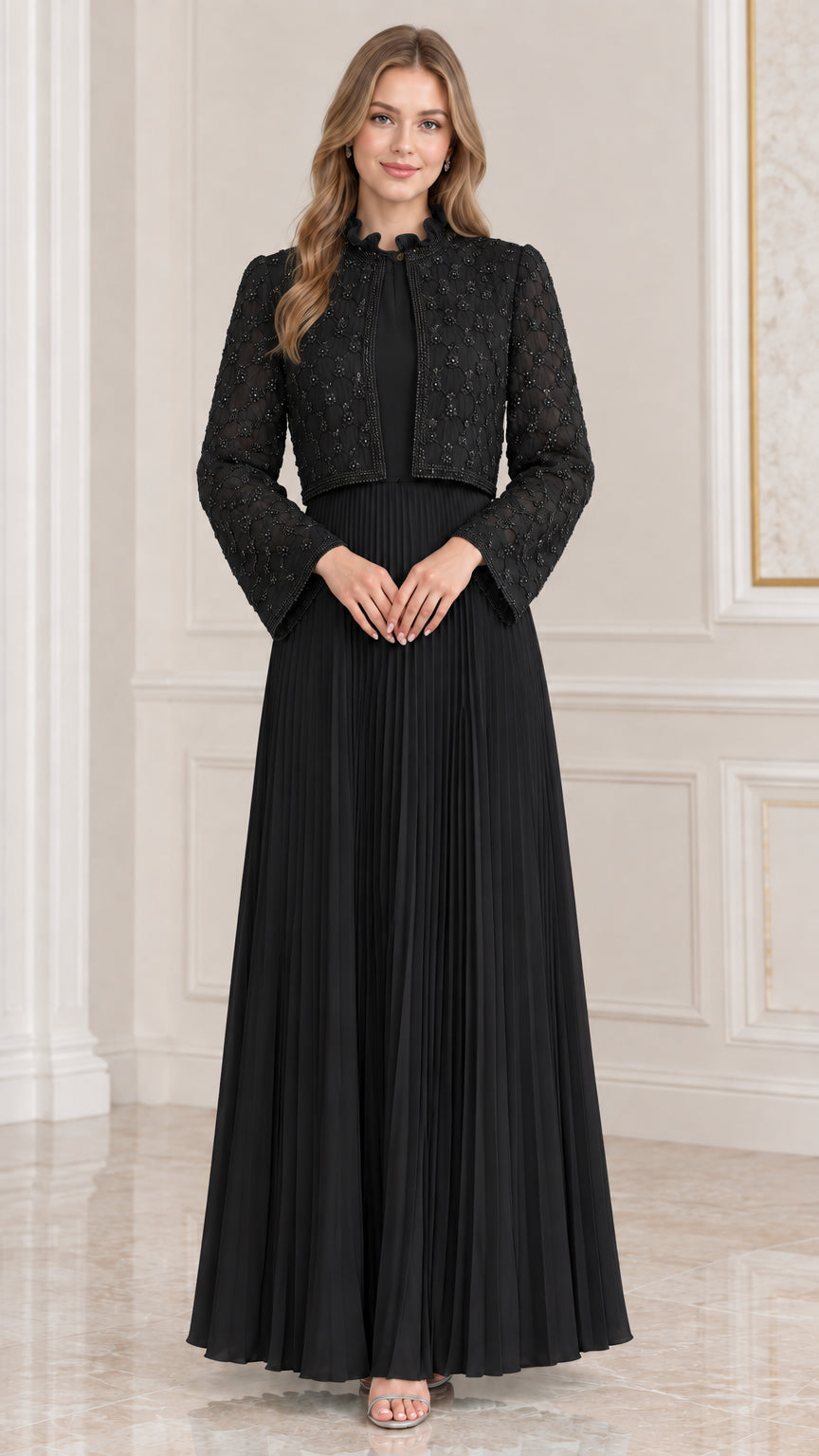 Black two-piece formal evening dress with beaded lace jacket and pleated maxi skirt