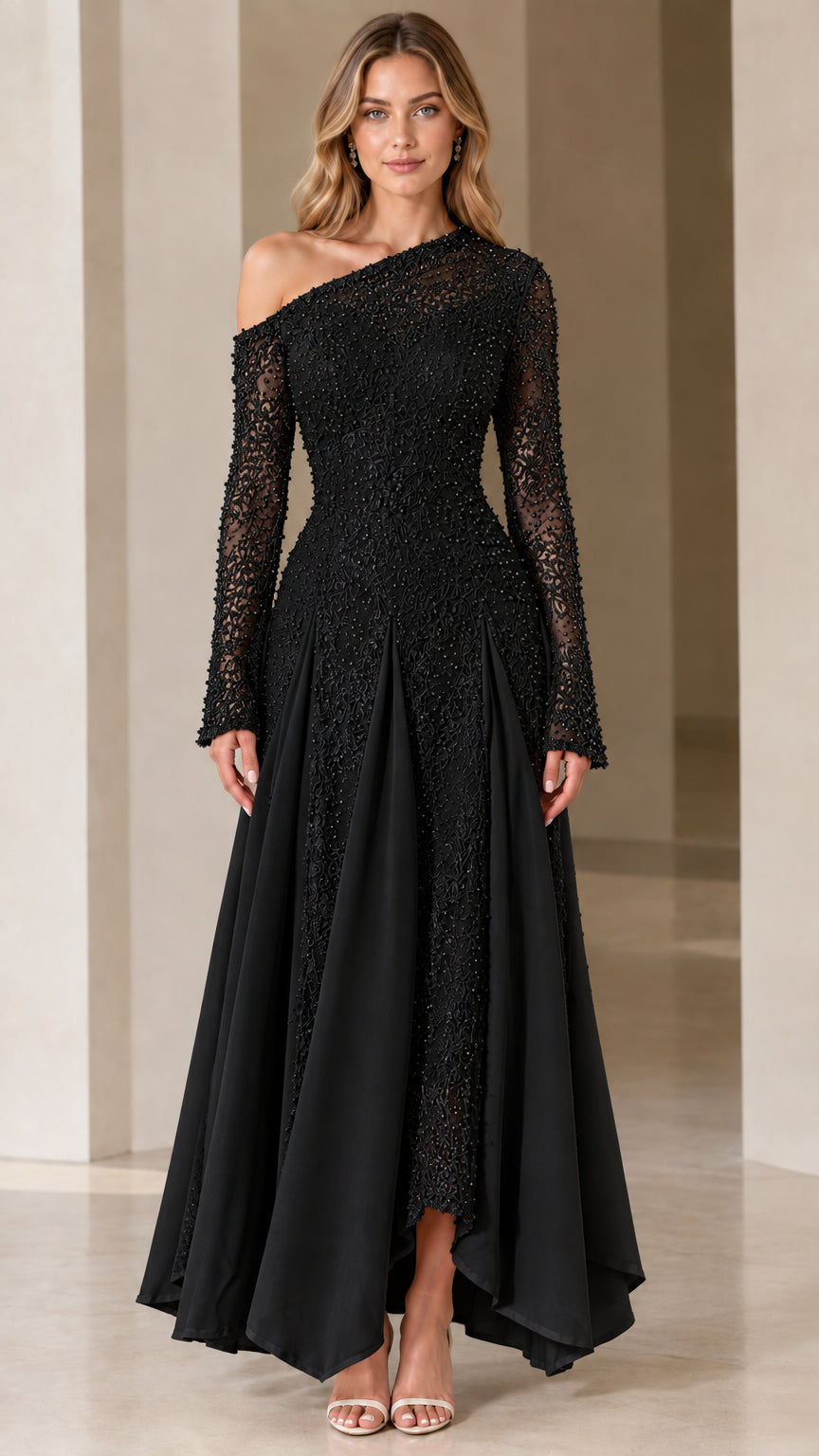 Black one-shoulder long-sleeve embellished lace evening gown