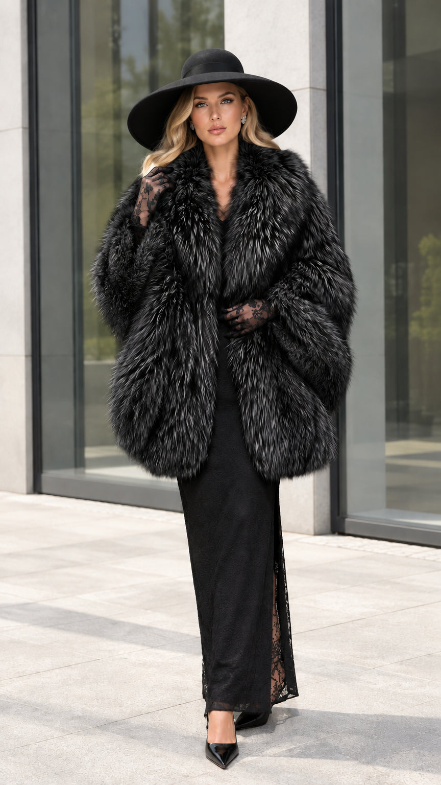Full front view of model wearing Black plush faux fur cocoon coat with black evening dress
