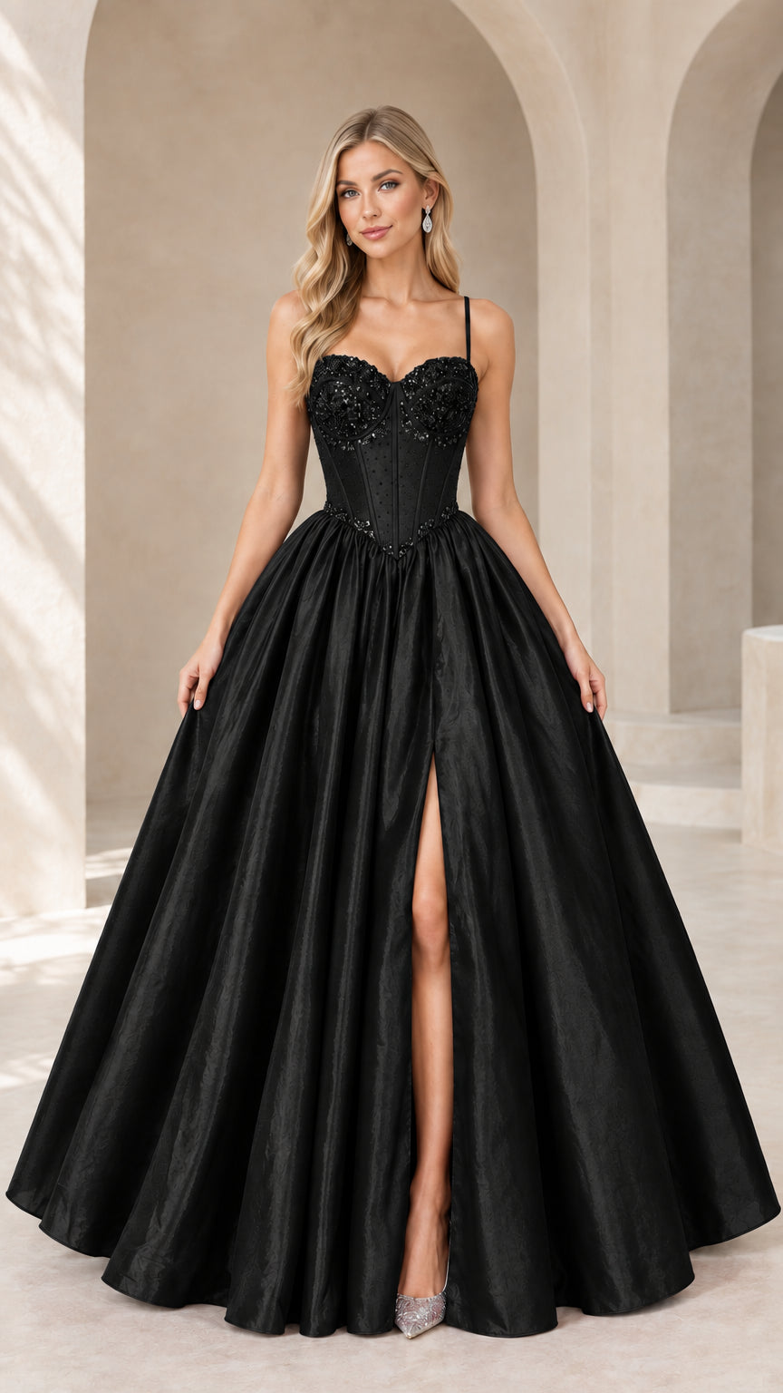 Front view of black beaded corset ball gown with leg slit