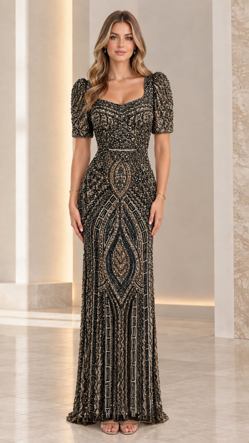 Black and gold Art Deco beaded evening gown with short sleeves
