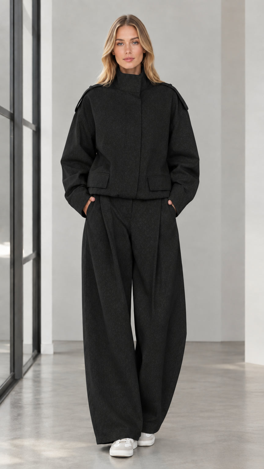 Full front view of woman wearing Black stand collar cropped jacket and wide leg trousers set