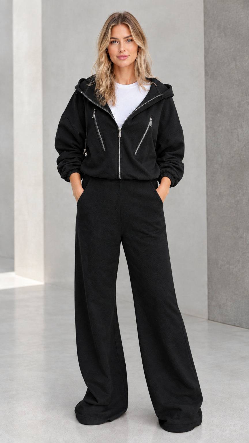 Women's black zip-up hoodie and wide leg pants tracksuit set