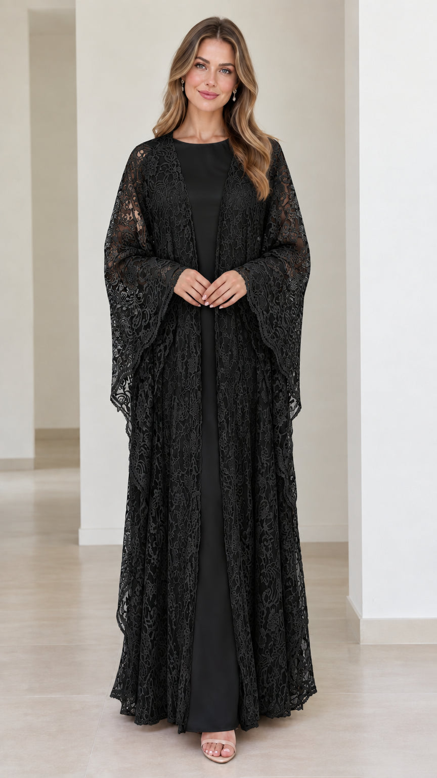 Full-length front view of black floral lace two-piece evening maxi dress set
