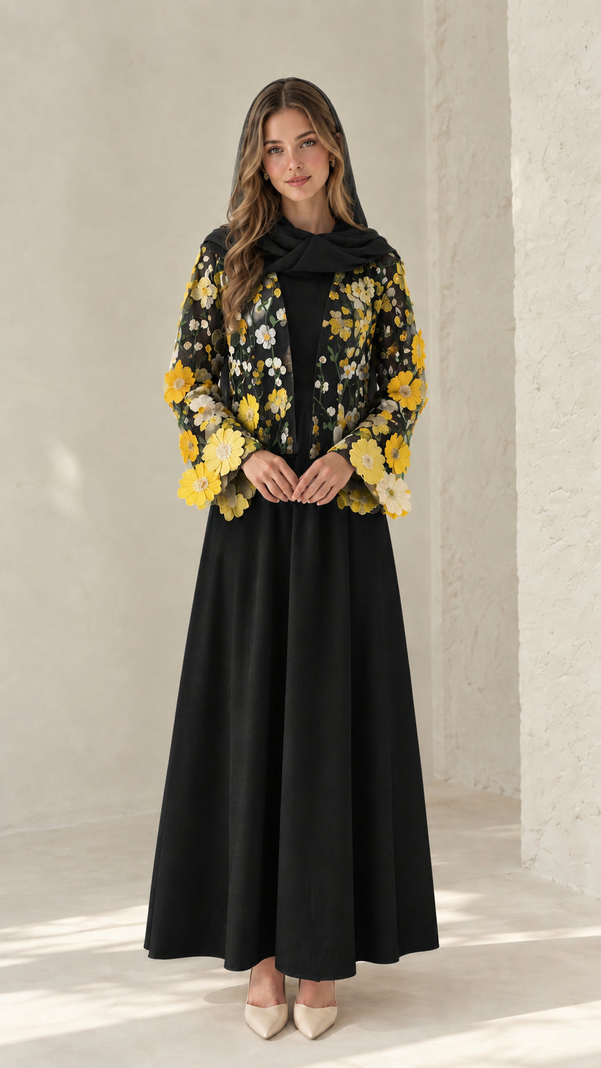 Black modest maxi dress set with yellow floral embroidered lace overlay and black scarf