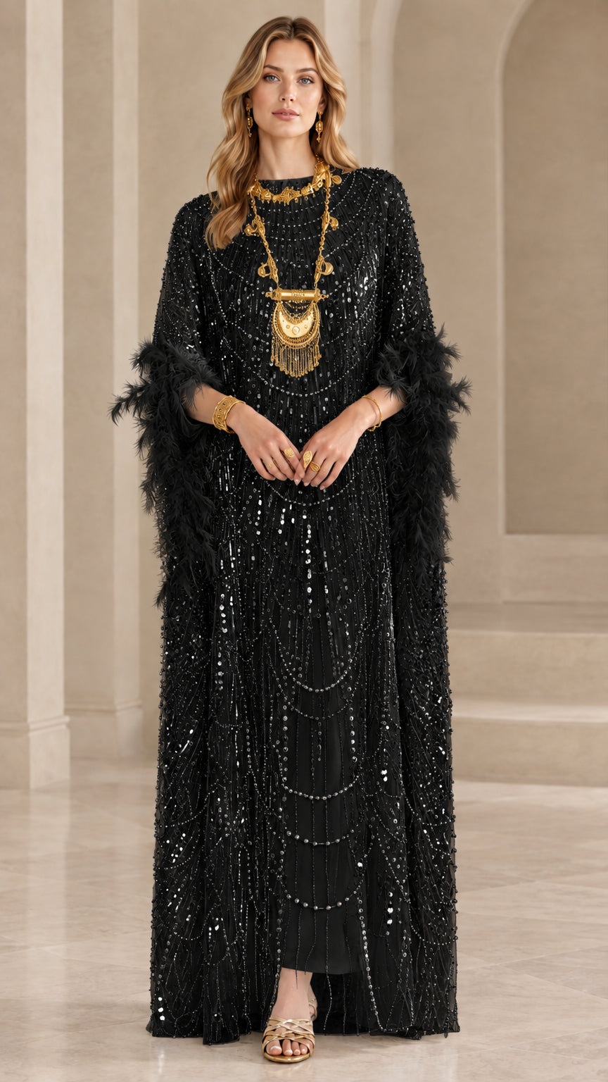 Model wearing black sequin kaftan maxi dress with black feather trim