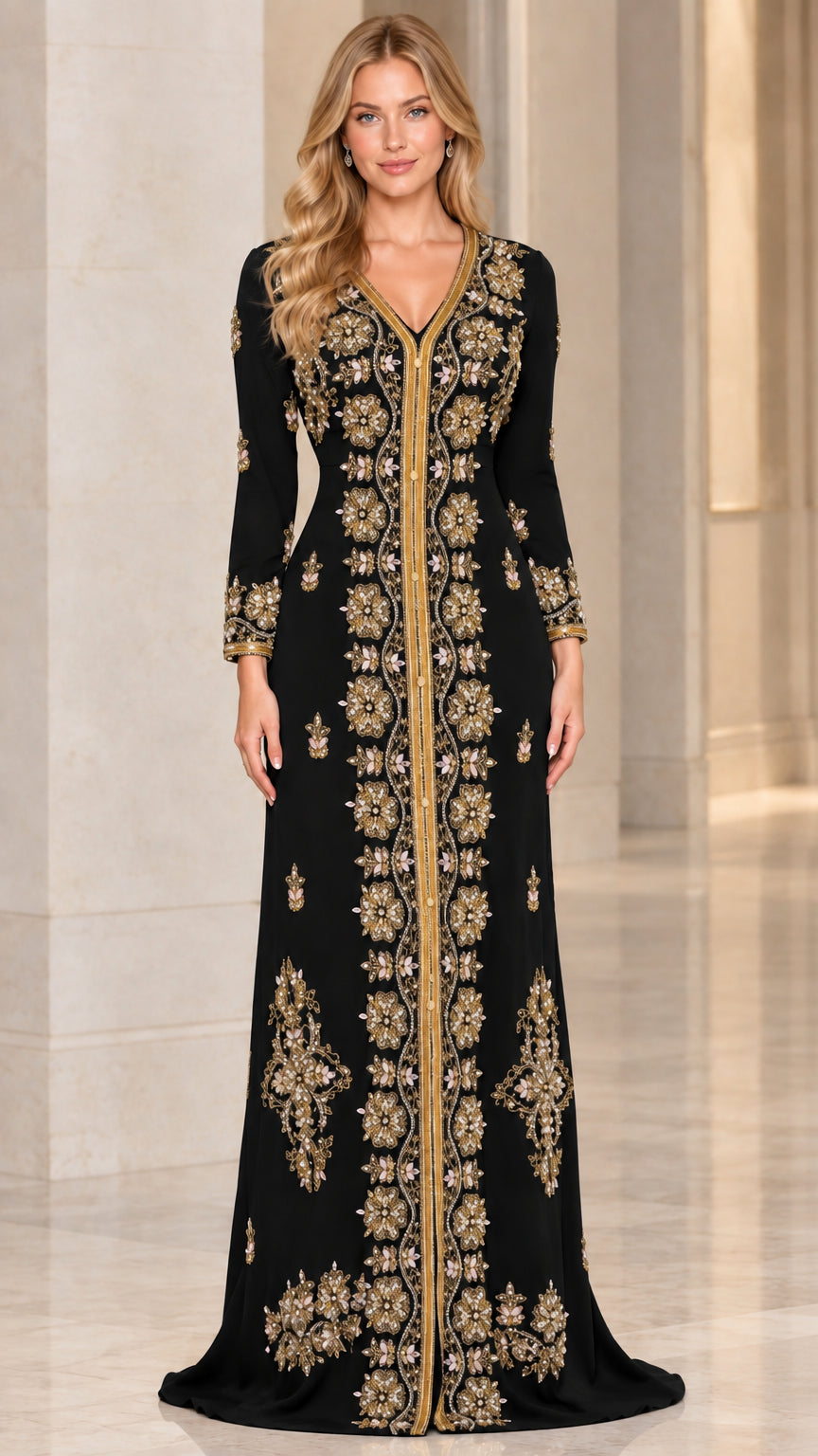 Black Moroccan kaftan evening maxi dress with gold embroidery