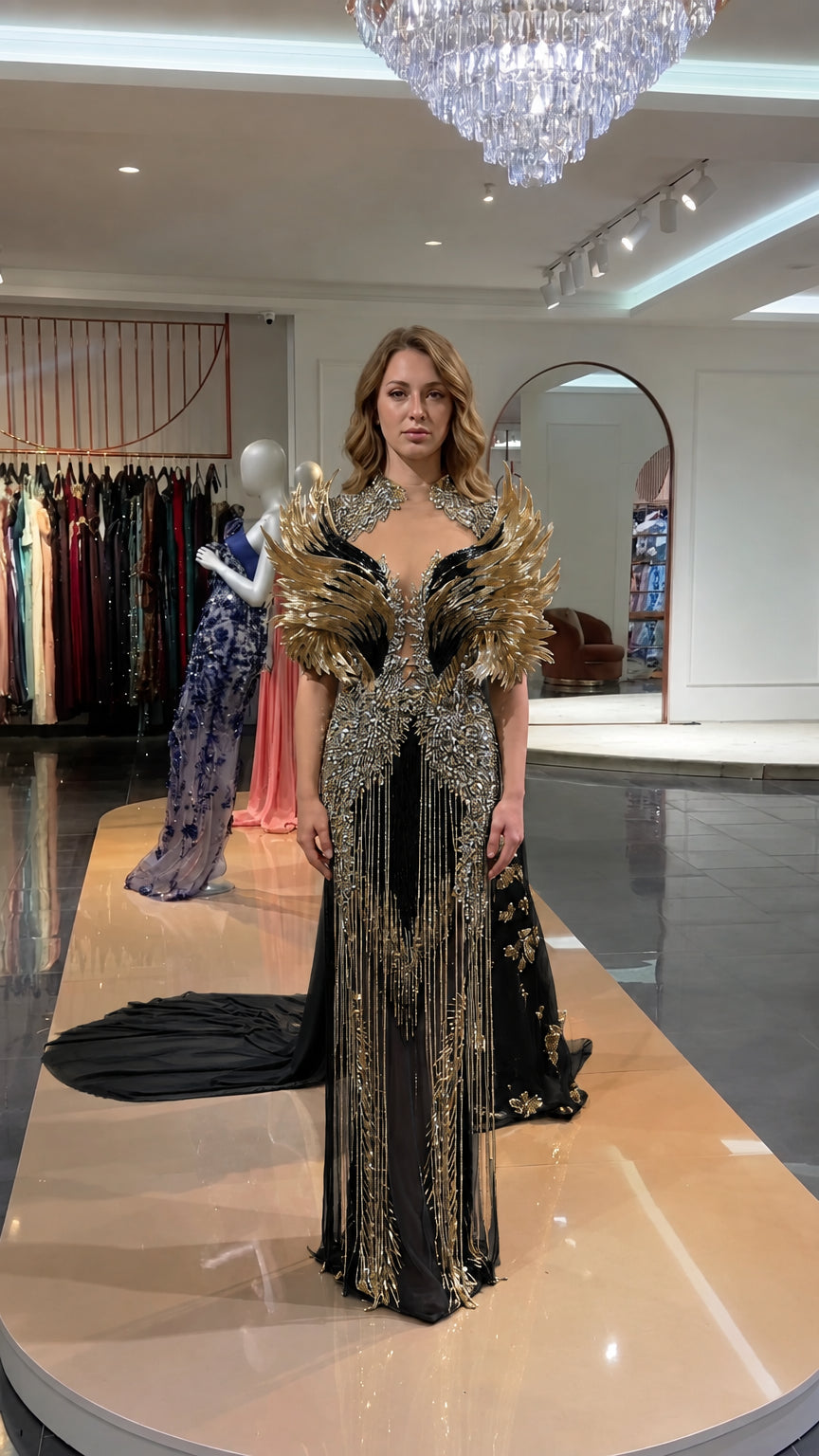 Front view of black and gold embellished feather shoulder evening gown
