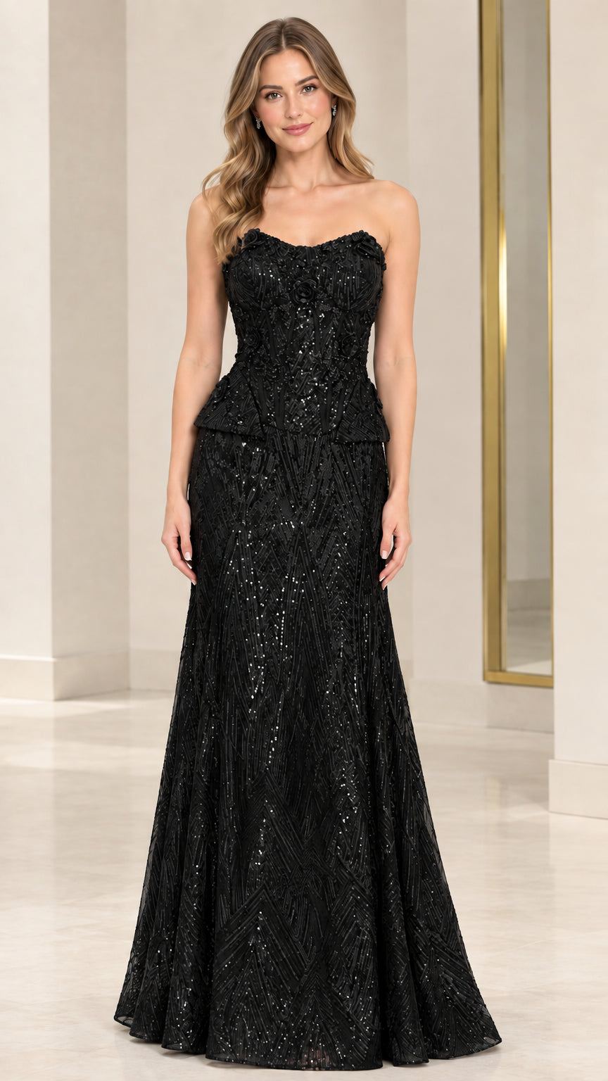 Black strapless sequin floral peplum formal gown front view