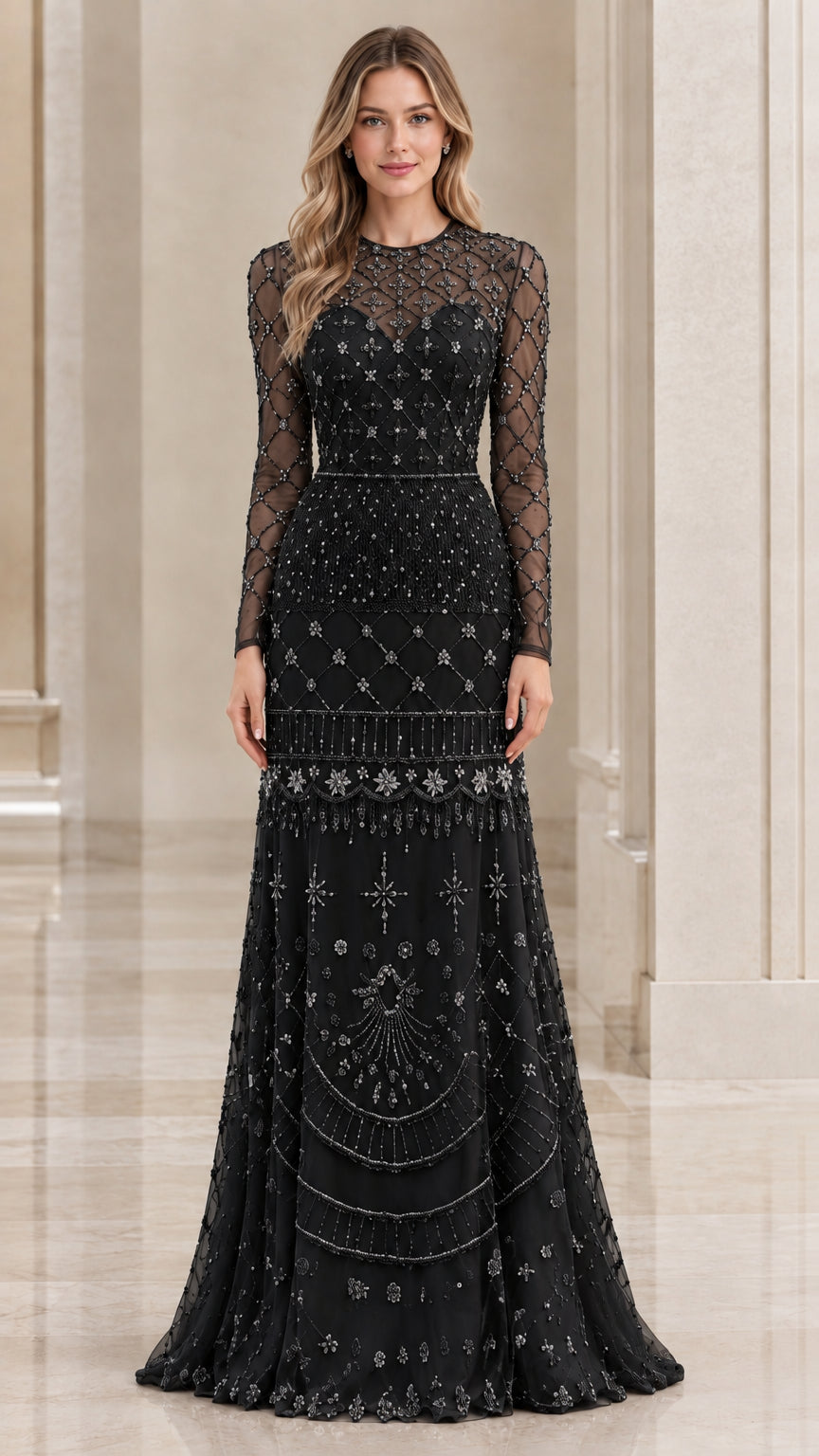 Front view of black long-sleeve beaded illusion formal gown