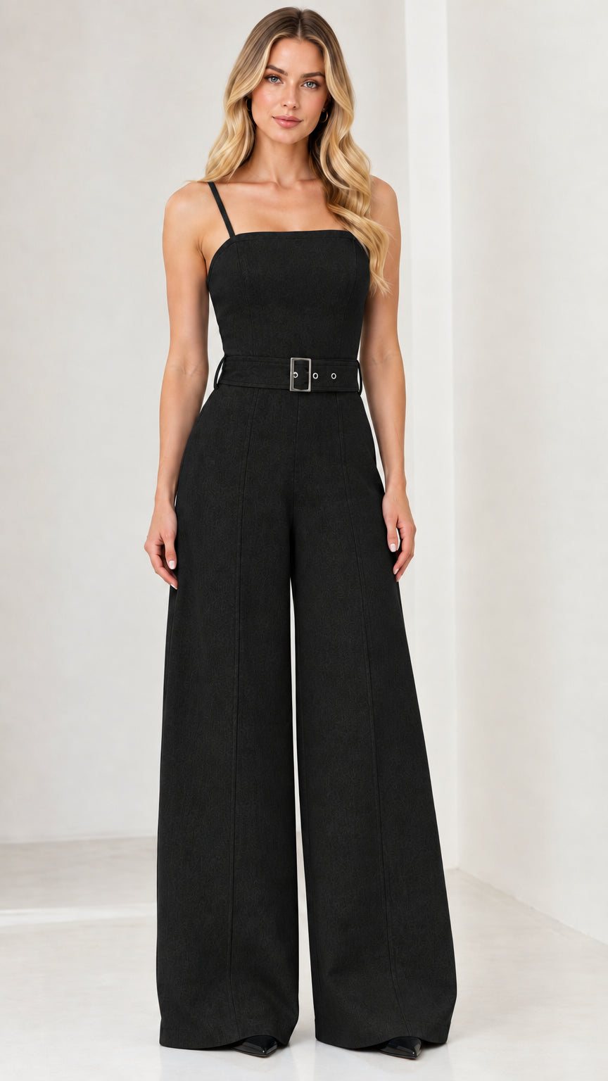 Front view of model wearing the belted wide-leg jumpsuit in black