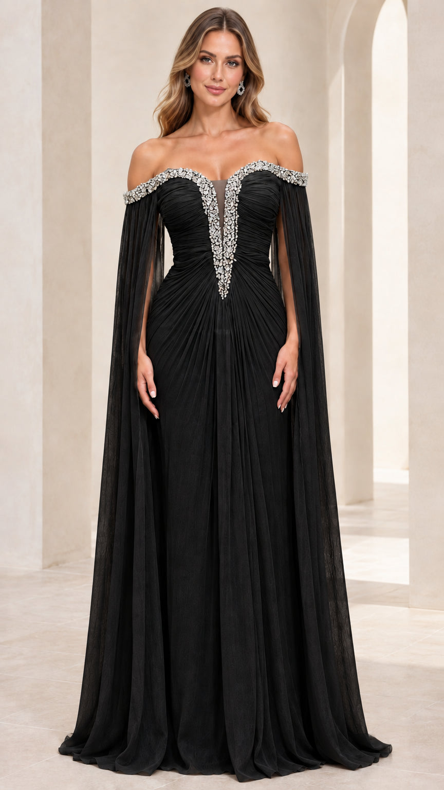 Black off-the-shoulder beaded cape sleeve formal evening gown