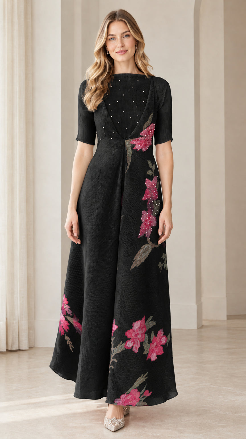 Front view of black floral embroidered A-line formal maxi dress