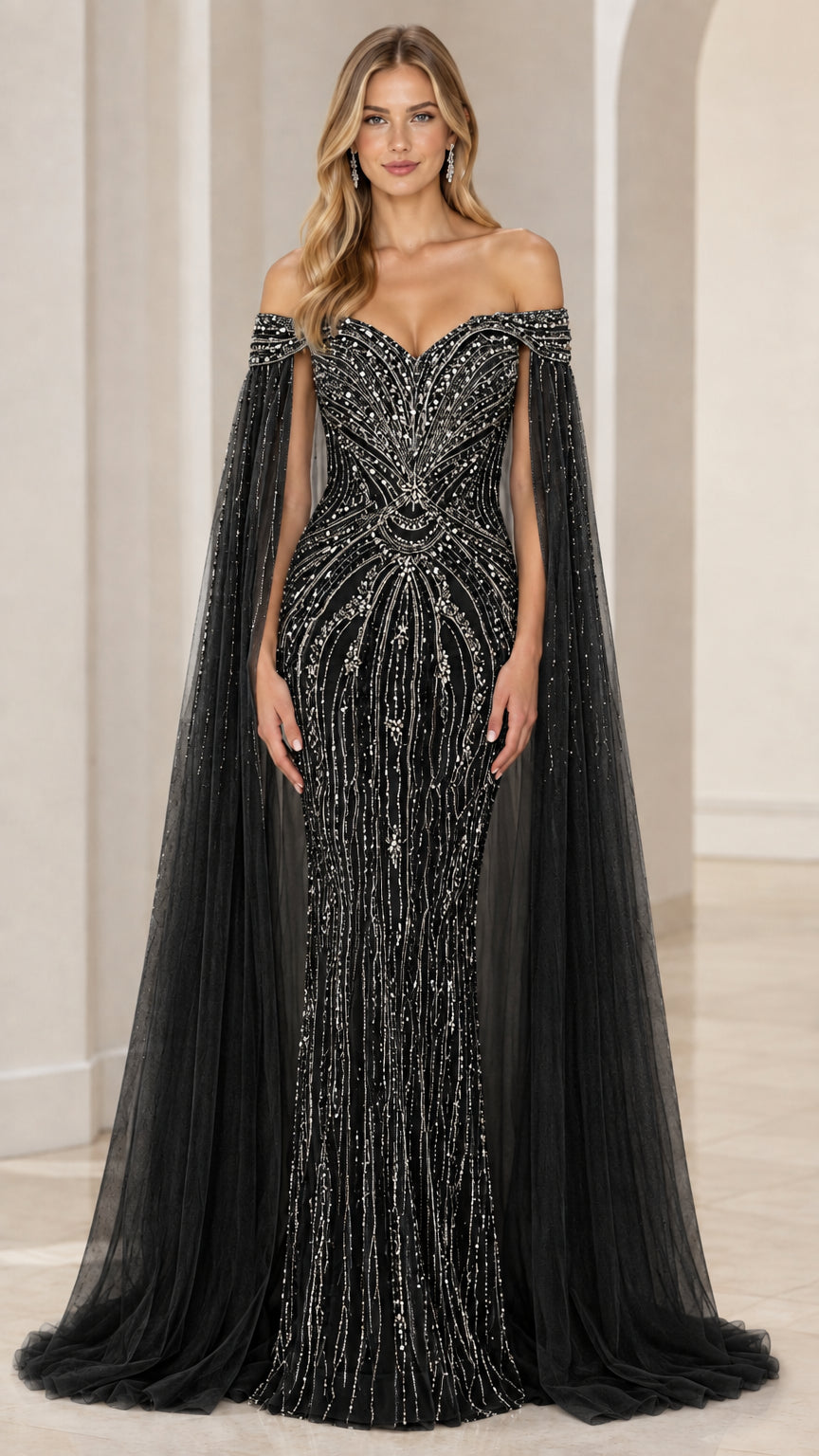 Front view of black beaded off-the-shoulder mermaid evening gown with black cape
