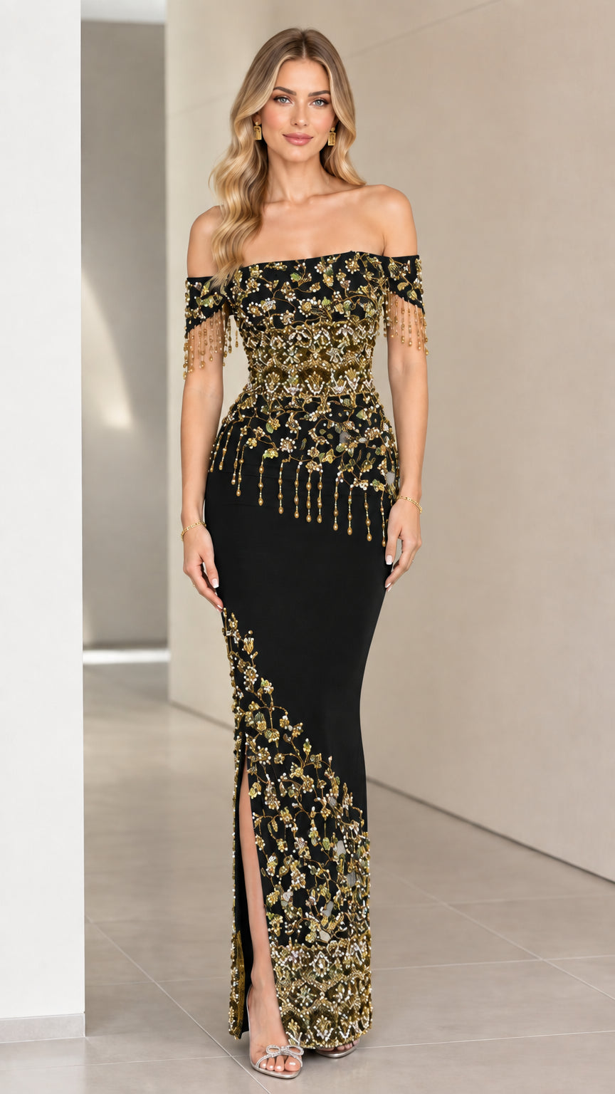 Black off-the-shoulder evening maxi dress with gold beading and fringe