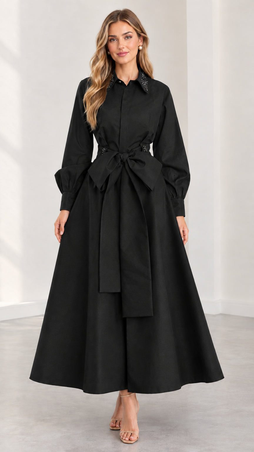 Model wearing black embellished collar maxi shirt dress with tie belt