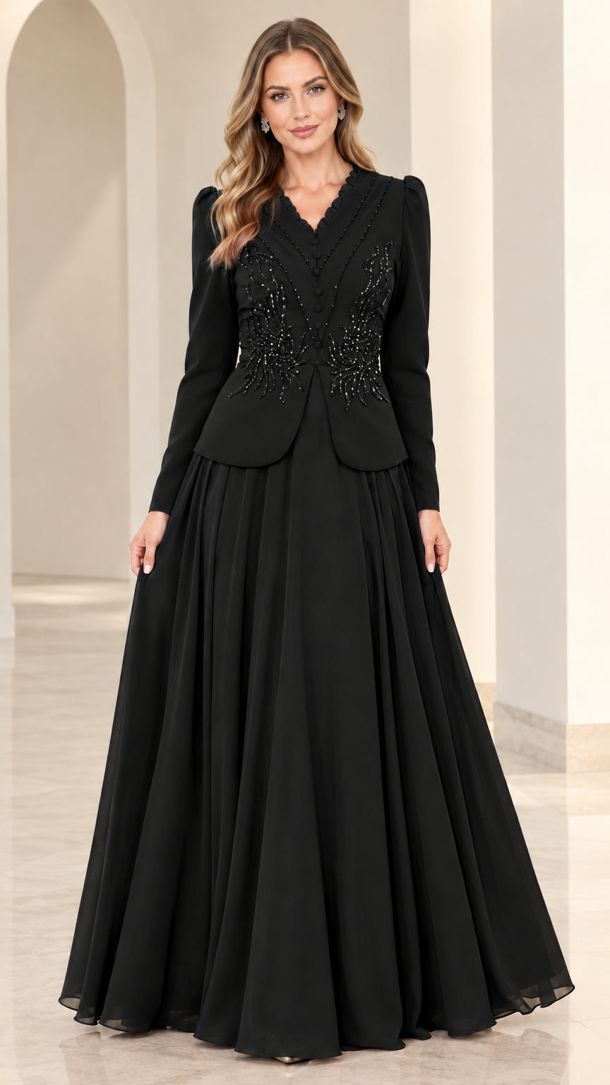 Black long sleeve beaded mother of the bride maxi dress
