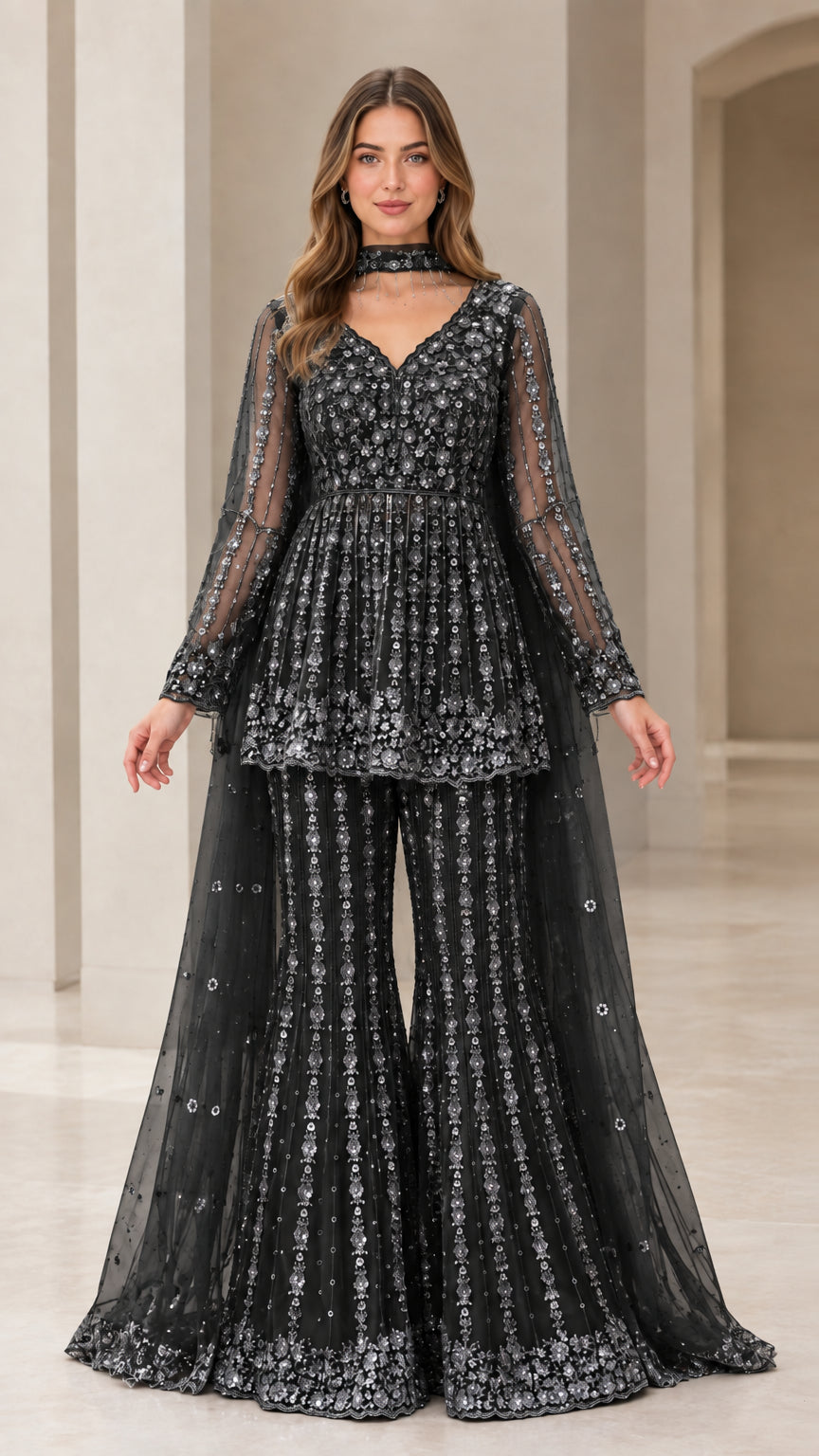 Black embroidered peplum sharara suit set front view