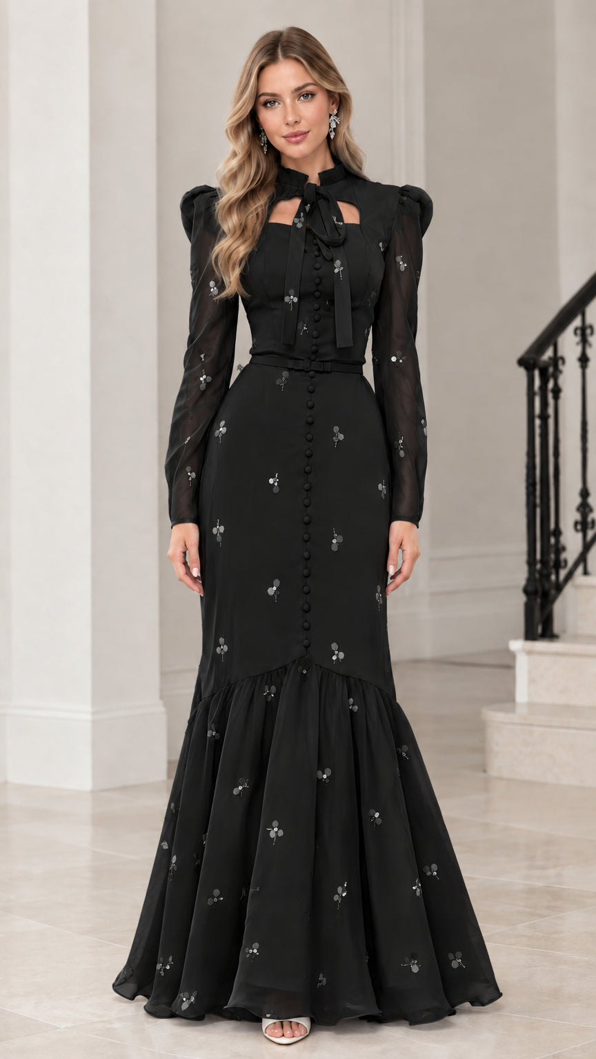 Black long sleeve floral sequin mermaid evening gown