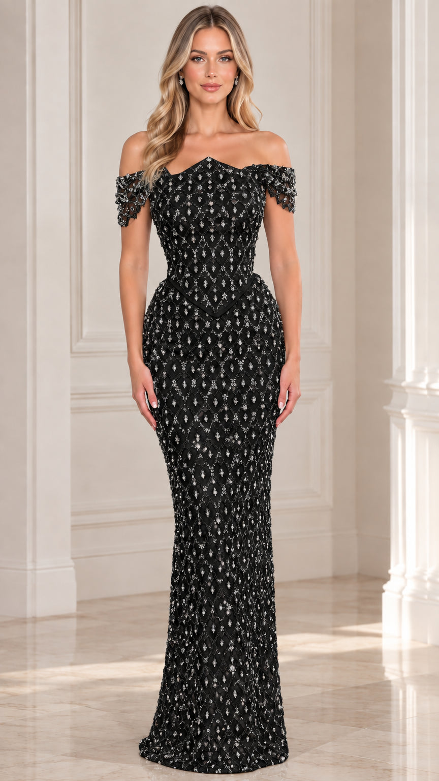 Front view of black off-the-shoulder beaded formal maxi dress