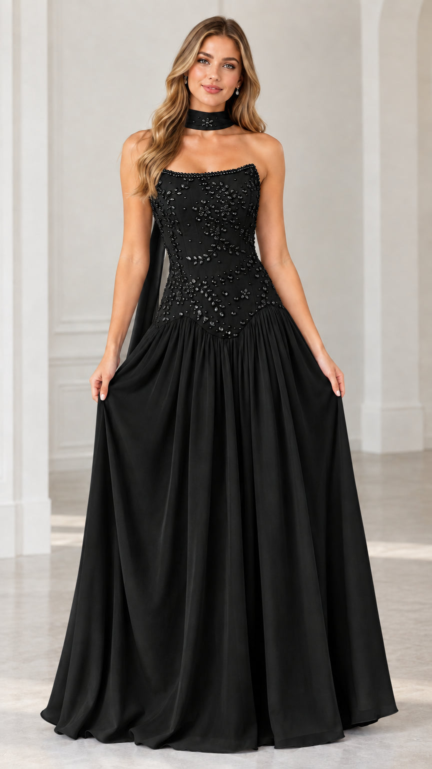 Black strapless beaded drop-waist evening gown with neck scarf