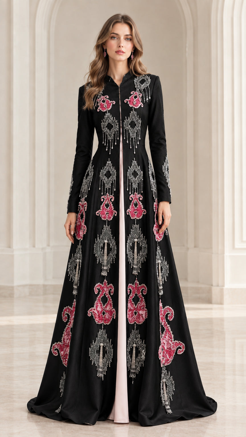 Full-length front view of black embroidered formal maxi gown