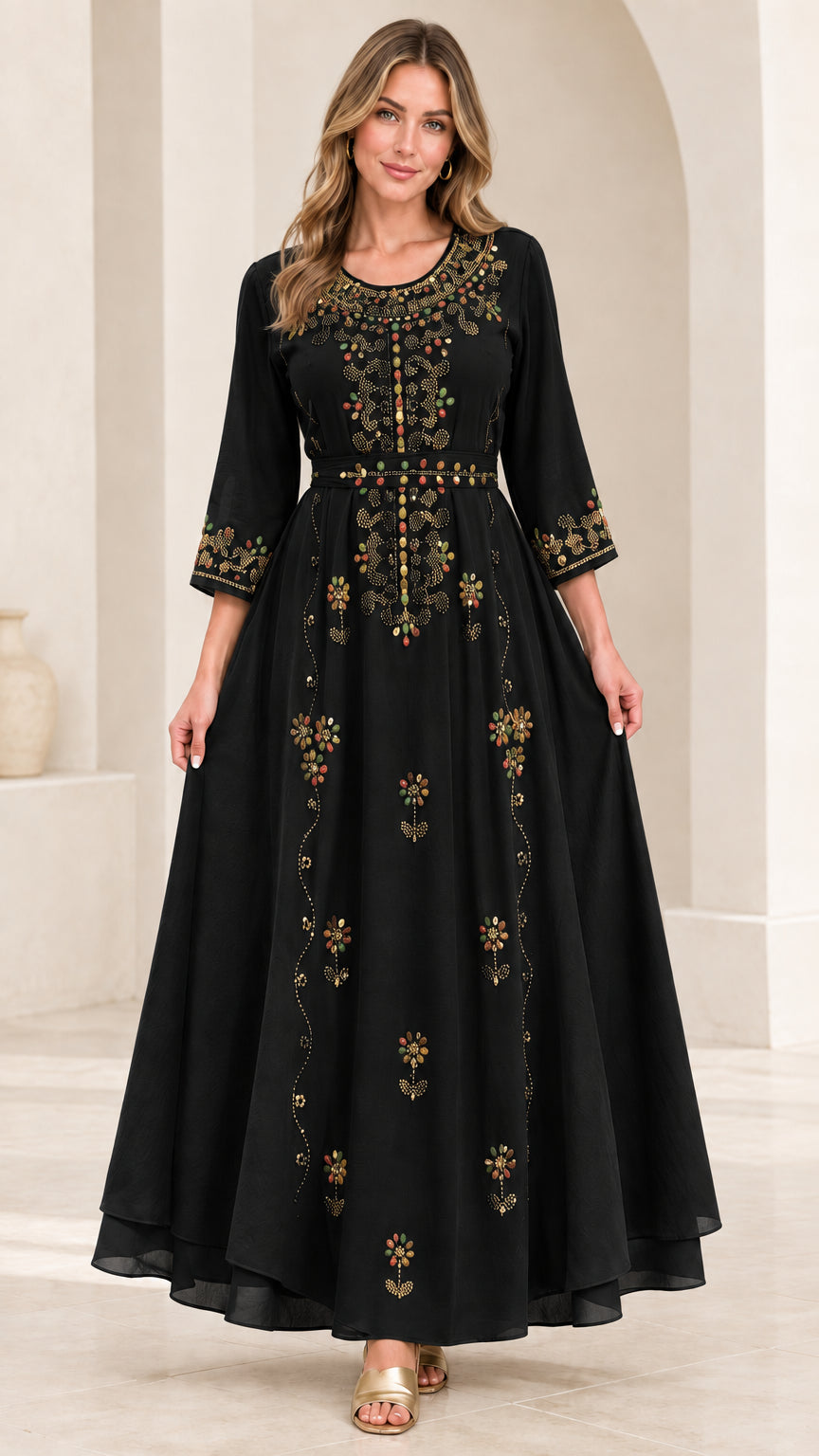 Front full-length view of woman wearing Black embroidered beaded maxi dress