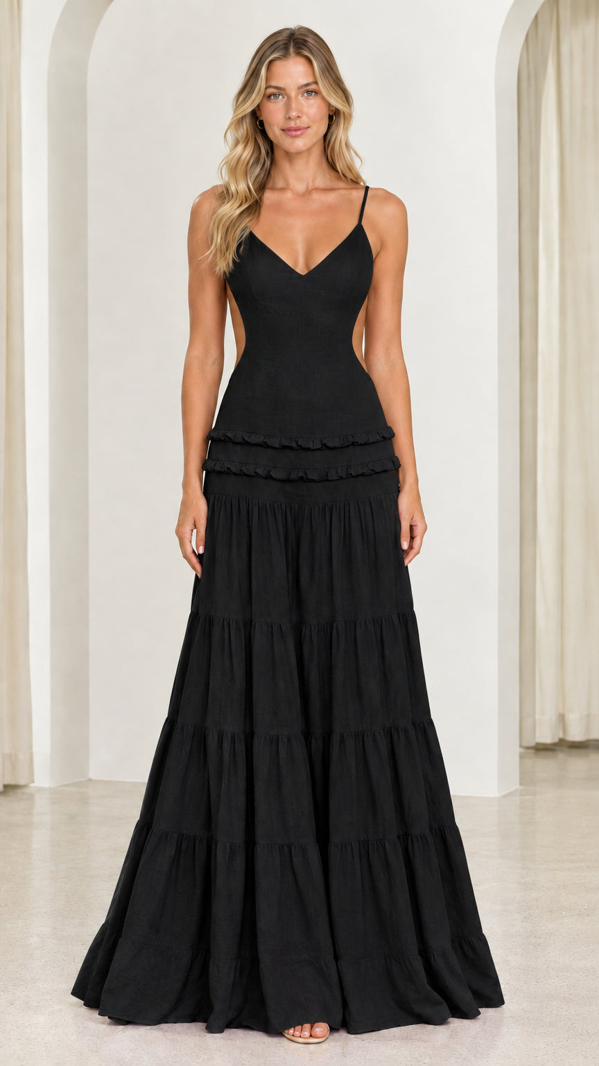 Front view of model wearing Black backless cutout tiered maxi dress