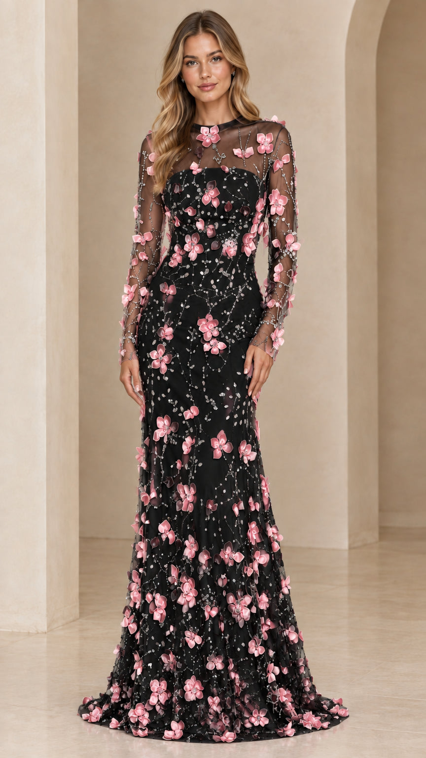 Black 3D floral appliqué long sleeve mermaid formal evening gown