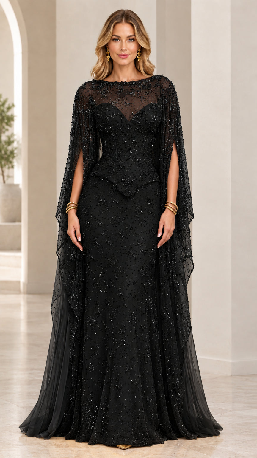 Black embellished illusion neckline evening gown with cape sleeves