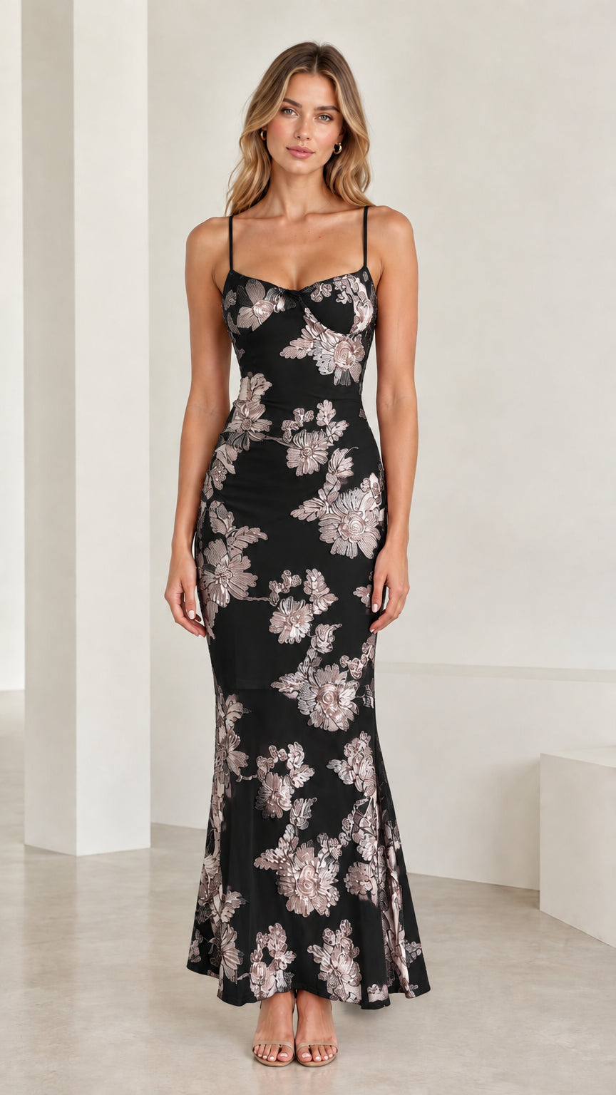 Model wearing Black floral embroidered corset mermaid maxi dress front view