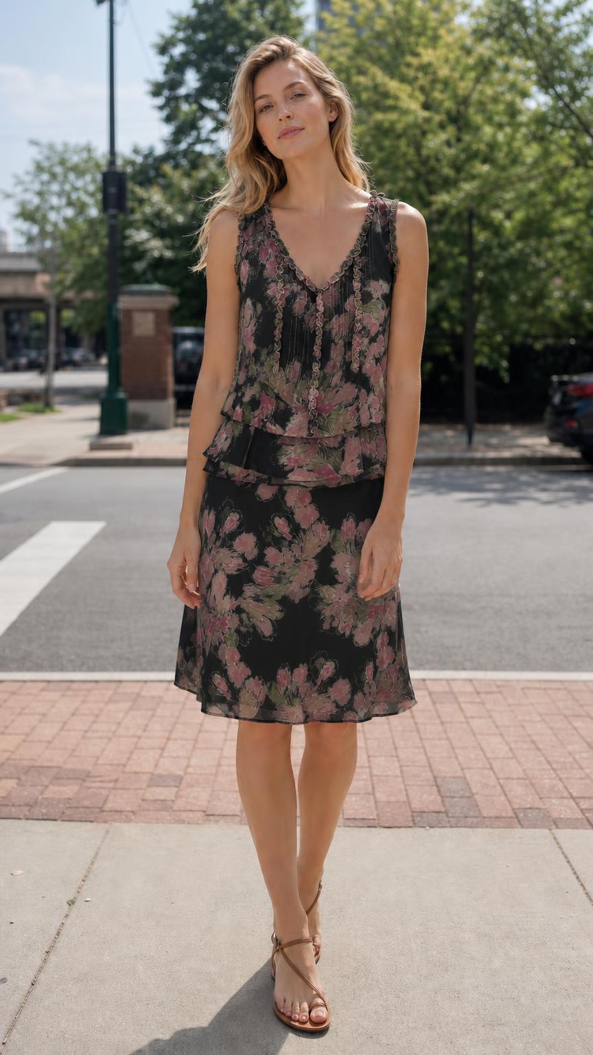 Front view of woman wearing Black floral tiered dress