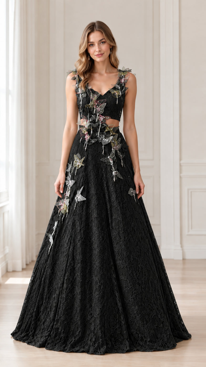 Front view of woman wearing Black 3D butterfly lace cutout evening gown