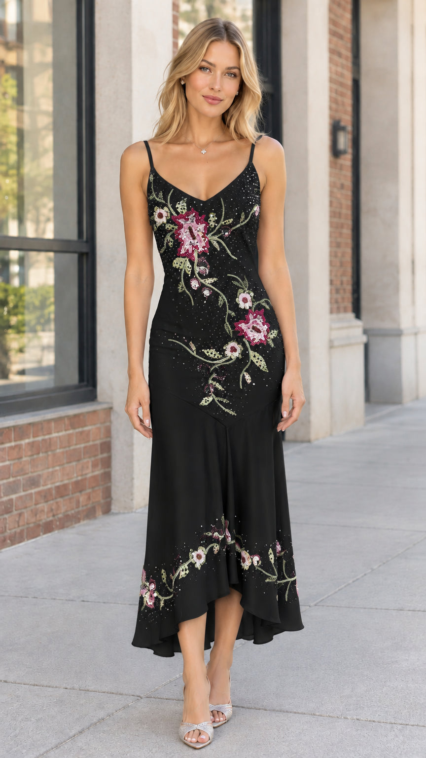 Front view of black floral sequin embroidered spaghetti strap midi dress