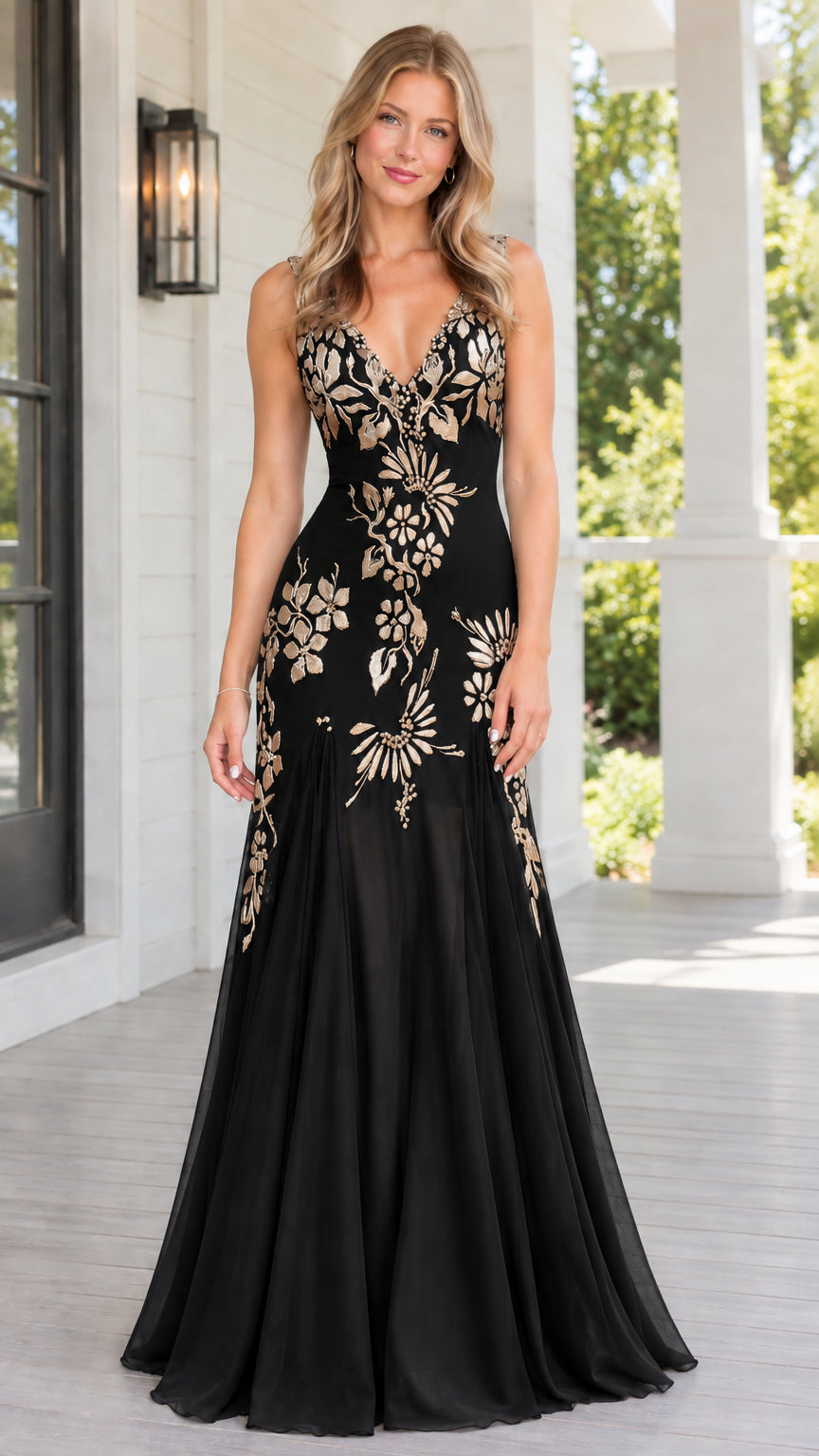 Black floral embroidered sleeveless formal maxi dress