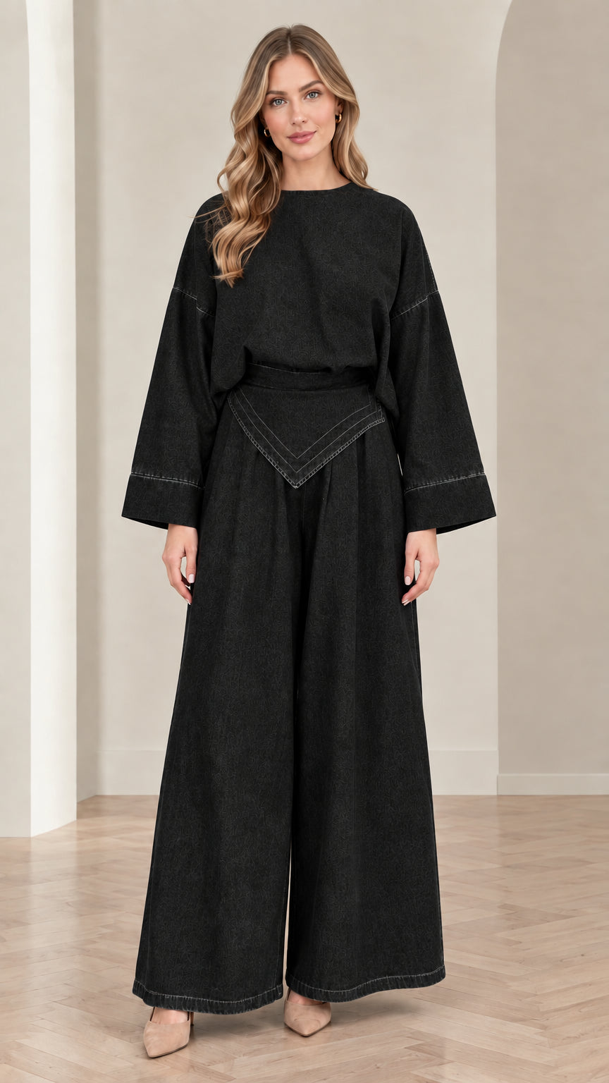 Women's black two-piece wide-leg lounge and pant set front view