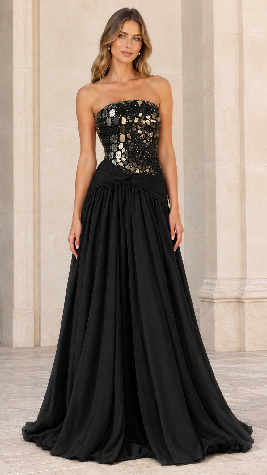 Front view of strapless embellished evening dress in Black
