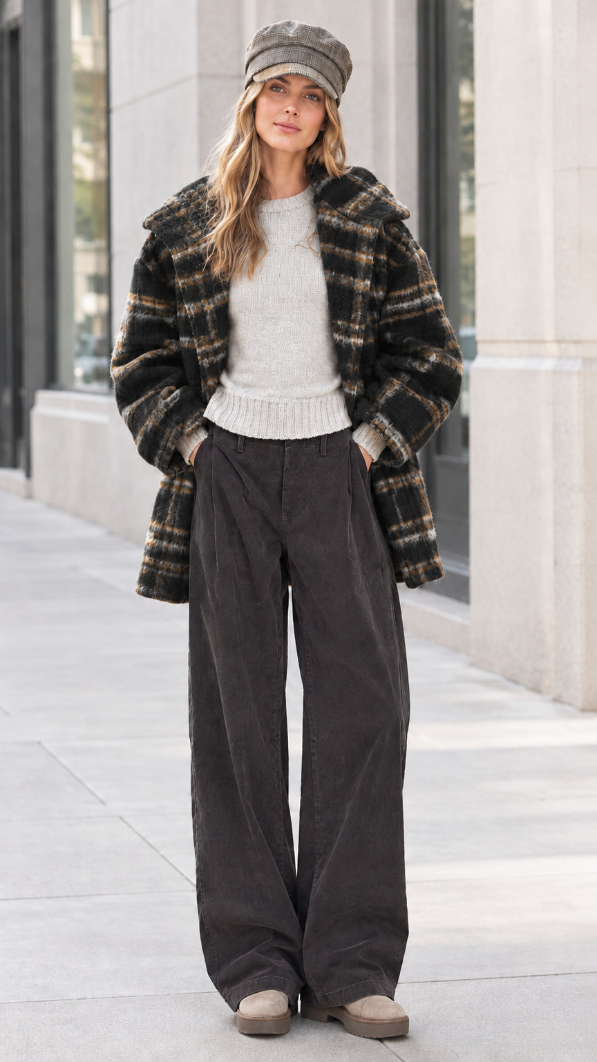 Front view of model wearing black and grey plaid lapel coat