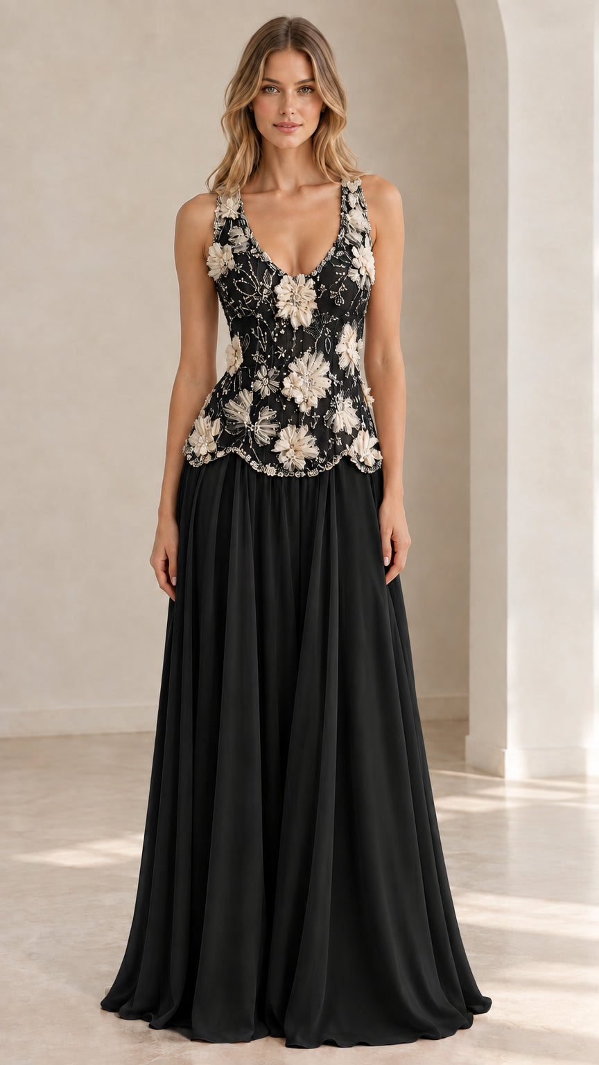 Model wearing Black floral beaded bodice sleeveless maxi gown