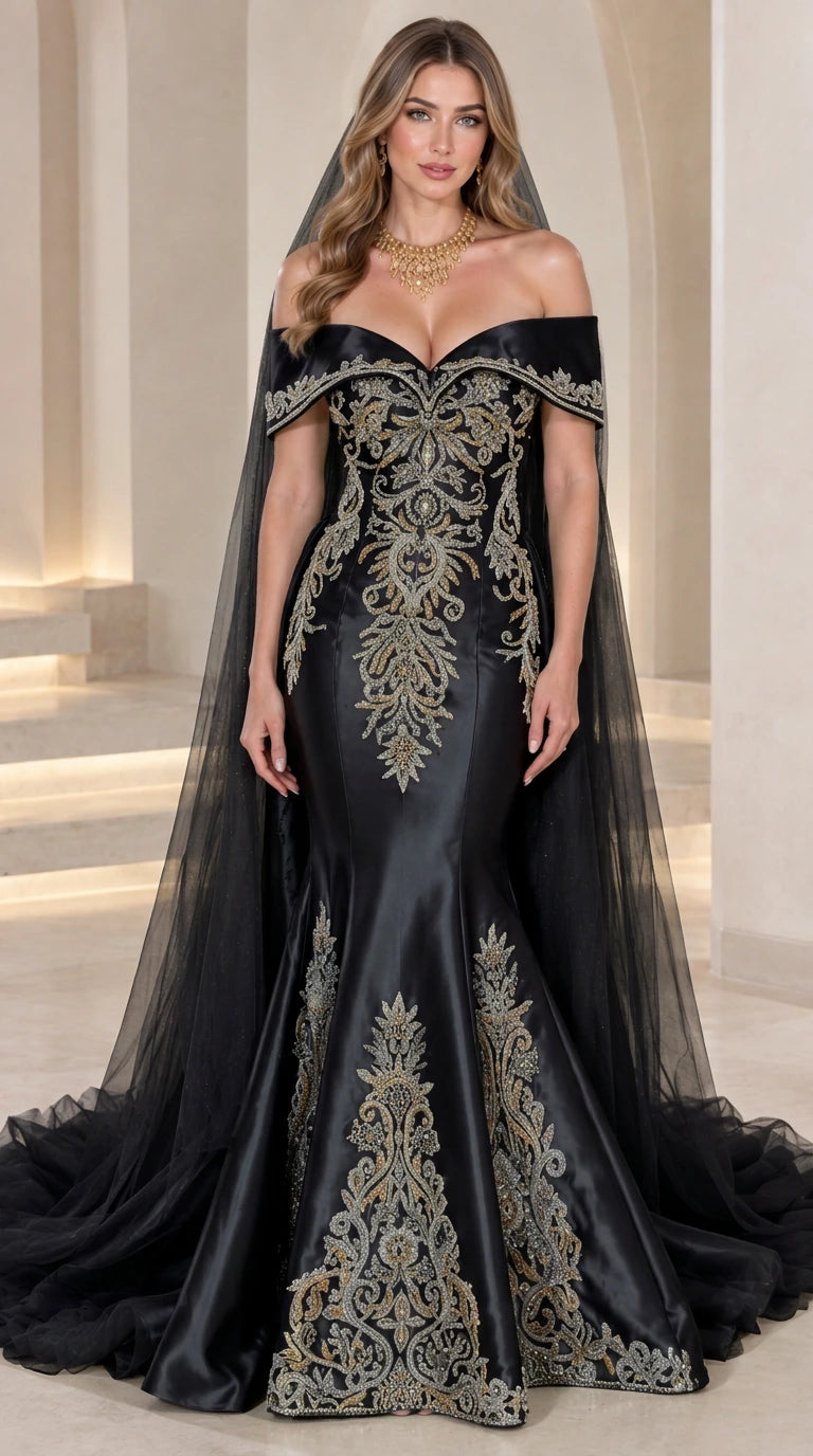 Black off-the-shoulder embroidered mermaid formal gown with sheer cape