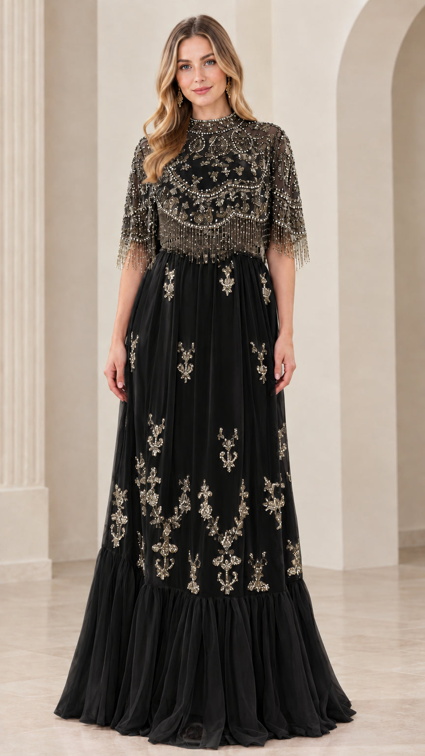 Black Beaded Capelet Maxi Formal Evening Dress