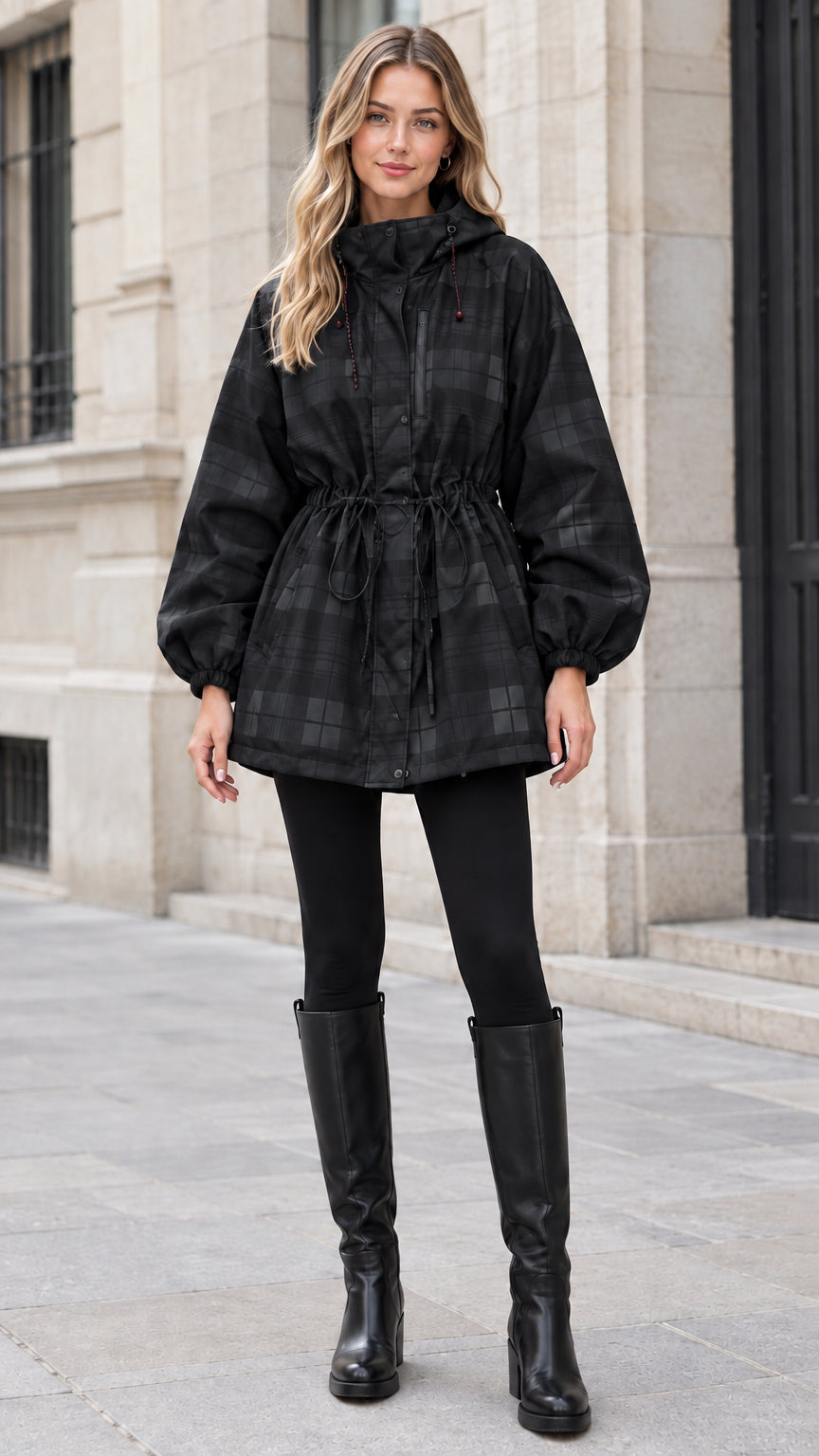 Woman wearing black and charcoal plaid hooded drawstring parka jacket with knee-high boots